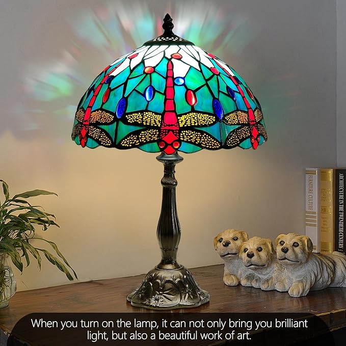 Dragonfly Tiffany Style Lamp - 12" Stained Glass Table Lamp with LED Bulb, Handcrafted Tiffany Lamp Kit for Bedroom, Office, or Dragonfly Side Table Décor