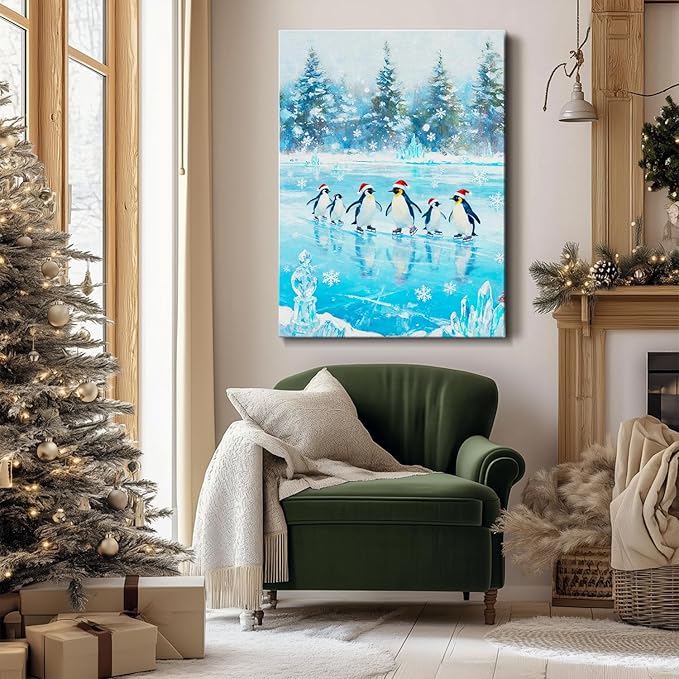 Christmas Penguin Canvas Wall Art - Playful Penguins in Snowy Forest Scene Framed Print for Living Room & Bedroom, Cozy Christmas Wall Decor, Charming Christmas Gifts & Festive Decorations