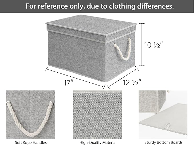 StorageWorks Storage Bins with Lids, Decorative Storage Boxes with Lid and Soft Rope Handles, Foldable Storage Baskets for Closet, Shelves, Stackable, 3-Pack, Gray, Jumbo