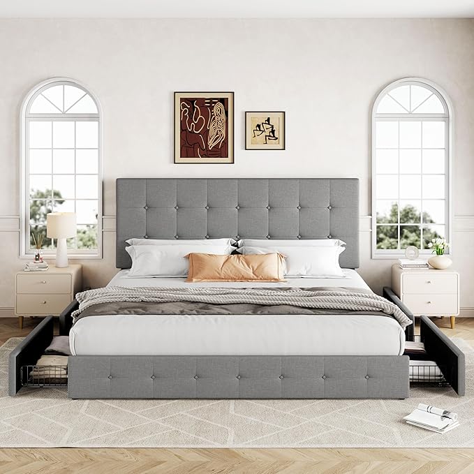 Allewie Upholstered King Size Platform Bed Frame with 4 Storage Drawers and Headboard, Square Stitched Button Tufted, Mattress Foundation with Wooden Slats Support, No Box Spring Needed, Light Grey