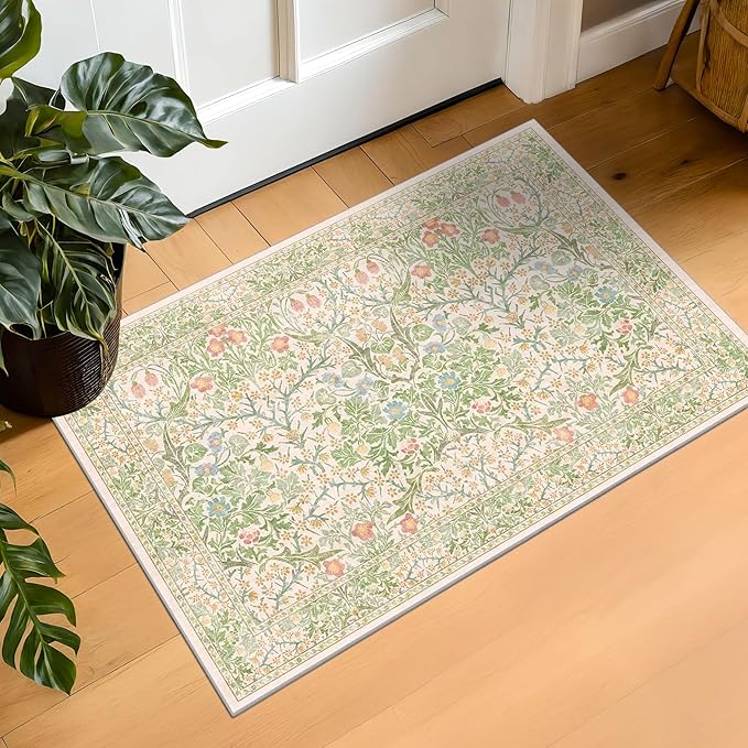 Washable Entry Rug - Front Door Rugs Indoor, Non-Slip Bathroom Small Rugs, Vintage Floral Style Rug for Kitchen, Perfect for Entryway Décor (2x3 Beige Green)