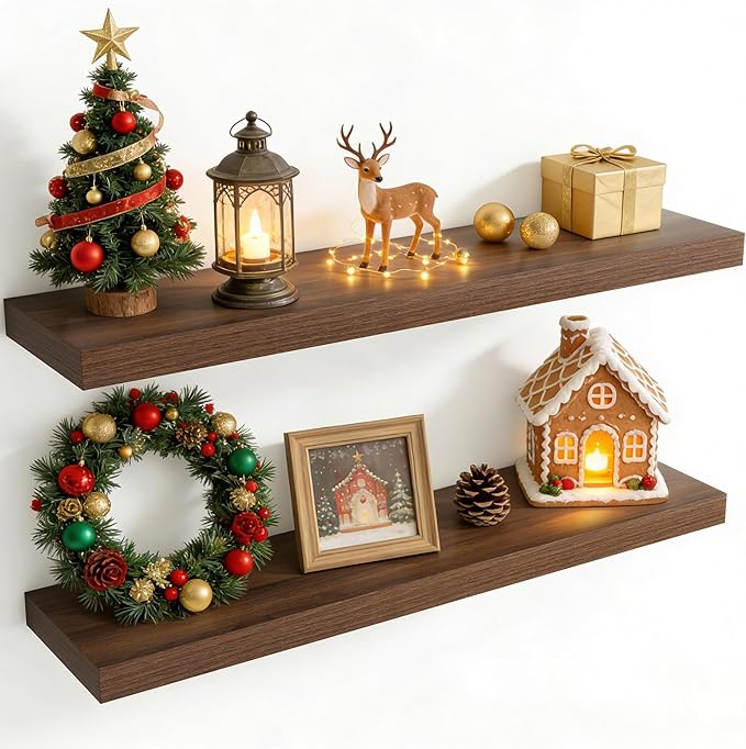 40 Inch Floating Shelves for Wall, 8 Inch Deep Floating Shelf for Storage & Display, Rustic Wall Mounted Shelf with Invisible Brackets for Living Room, Kitchen, Bathroom, Home Decor, Set of 2, Walnut