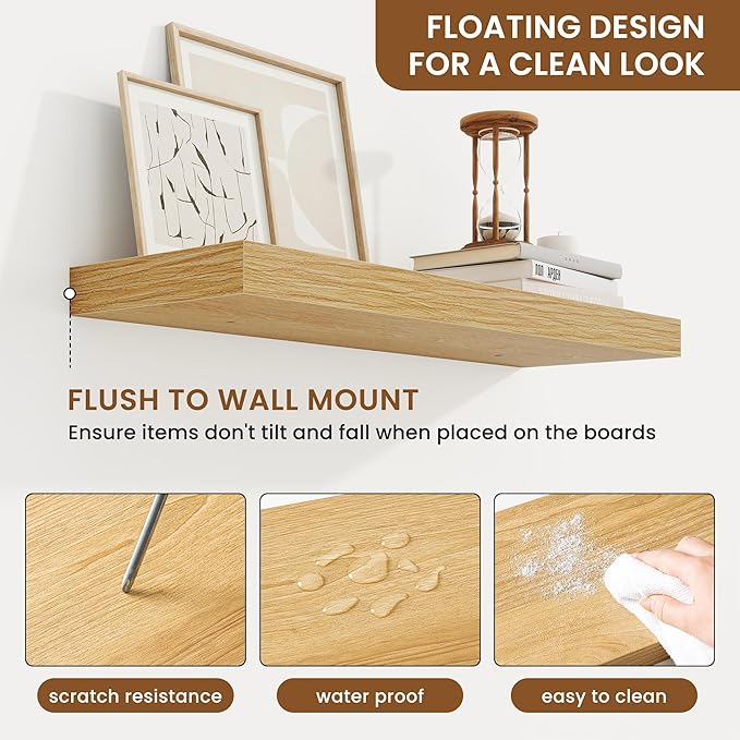 fuqing Floating Shelves for Wall, Wall Mounted Wood Floating Shelf with Invisible Brackets for Living Room, Bathroom, Bedroom, Kitchen Storage and Decor, 24 Inch Set of 2, Oak