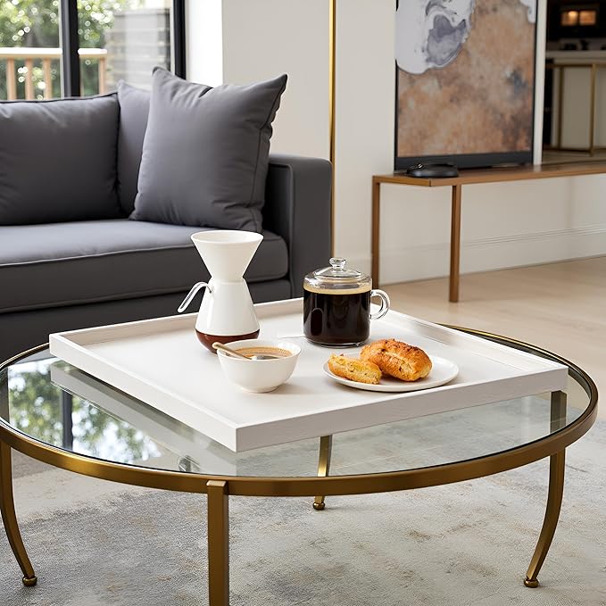 30 * 30 inches Luxury Leather Square Oversized Service Tray, Ottoman & Coffee Tray for Family Dinner, Out-of-House Picnic & Party (30 inch Beige)