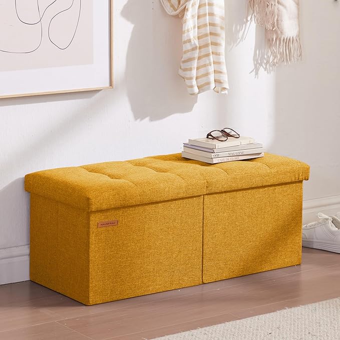 HAUSFRAU 31.5 Inches Ottoman with Storage Bench, Folding Ottoman Bench Small Foot Rest Stool, Bedroom Bench with Flipping Lid, Linen Gold