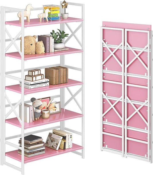 4NM 5 Tiers No Assembly Book Shelves, 51.2" H Folding Bookshelf Bookcase Open Industrial Foldable Shelves for Bedroom, Living Room, Home Office - Pink White