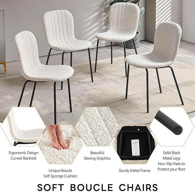 5-Piece Round Table Set for 4, 37.4" Grey Round Table with Hooks, Solid MDF Tabletop, Industrial Kitchen Table with Beige Boucle Dining Chairs for Restaurant, Dining Room