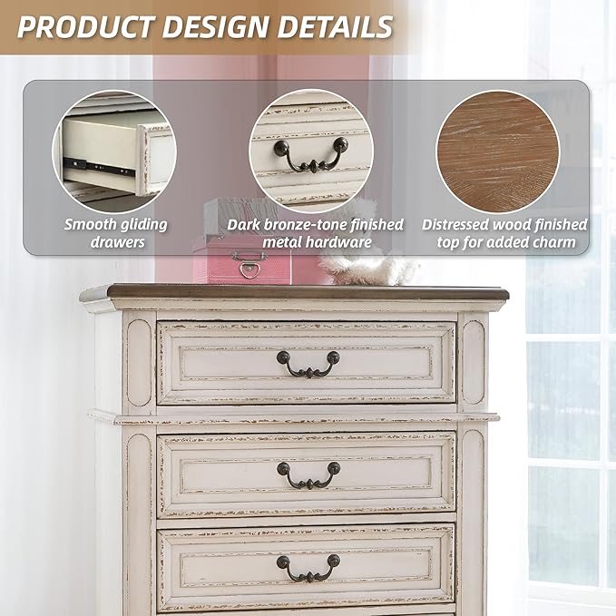 Signature Design by Ashley Realyn Vintage 5 Drawer Chest, White