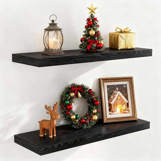 Fun Memories 32 Inch Floating Shelves, Wall-Mounted Bathroom Shelves Set of 2, 9.3 Inch Deep Floating Shelf Bookshelf for Living Room, Bedroom, Heavy-Duty Deep Storage Shelf for Wall, Black Color