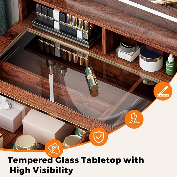 57“Makeup Vanity Desk with Mirror and Lights, Vanity Desk with 5 Drawers & Storage Shelves, Vanity Table with Power Outlet, 3 Color Modes & Adjustable Brightness Dressing Table, Bedroom,Brown