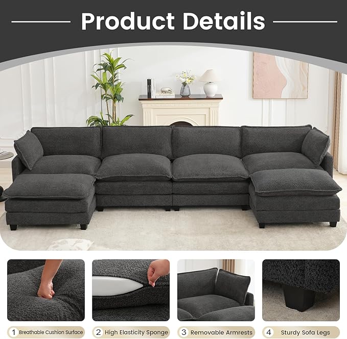 ROWHY Oversized Modular Sectional Couch with 2 Movable Ottoman, 148" Modern Convertible U Shaped Sofa Set, 4 Seat Comfy Cloud Couch with 2 Throw Pillows, for Living Room, Chenille, Charcoal Grey