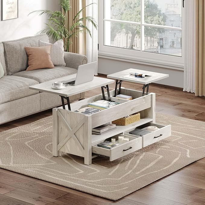 Seventable Coffee Table, 47.2" Lift Top Coffee Table with 2 Storage Drawers and Hidden Compartment, Retro Center Table with Wooden Lift Tabletop for Living Room, Gray