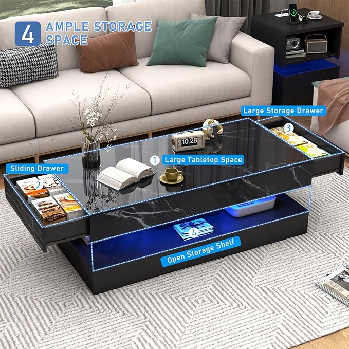 47.2" Large High-Glossy LED Coffee Table with 2 Sliding Drawers, Living Room Storage Coffee Tables with Marbling Print, Modern Stylish Double-Layer Center Tables w/LED Lights, Black