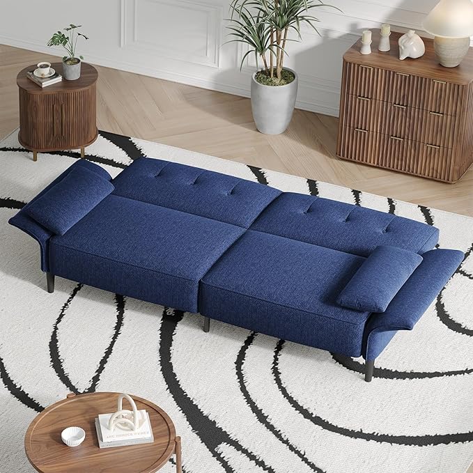 89” Futon Sofa Bed,Comfy Futon Couch Bed with 2 Square Pillows,Convertible Sleeper Sofa with Adjustable Backrest& Armrests, Modern Loveseat Sleeper for Living Room, Bedroom, Linen Blue