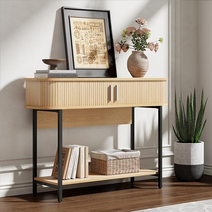 40" Mid Century Modern Entryway Table, Ultra Slim Fluted Console Table with Storage & Sliding Doors, Modern Round Corner Sofa Table, Wooden Entry Table for Hallway, Living Room, Natural