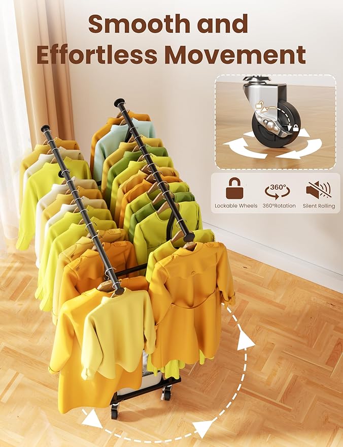 Double Rods Clothes Rack, Rolling Clothing Rack with Wheels, Metal Clothing Racks for Hanging Clothes, Portable Garment Rack Sturdy Closet Rack Trending Coat Rack for Laundry Bedroom Living Room