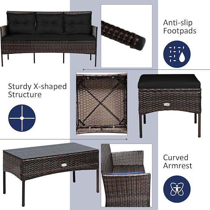 Tangkula 3 Pieces Patio Conversation Set, All Weather Outdoor PE Rattan Wicker Furniture Set with Padded Cushions, Tempered Glass Coffee Table, for Poolside, Backyard, Garden