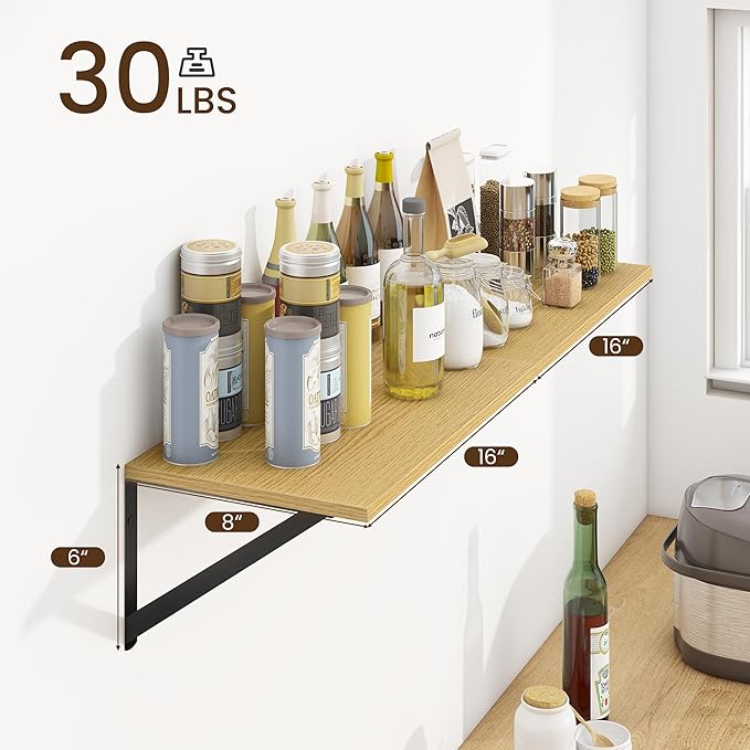 Fun Memories Deep Floating Shelves for Wall, 16W x 8D Wall Mounted Shelves Set of 2, Wide Display Ledge Shelf with Sturdy Metal Brackets for Living Room, Bathroom, Bedroom and Kitchen, Oak