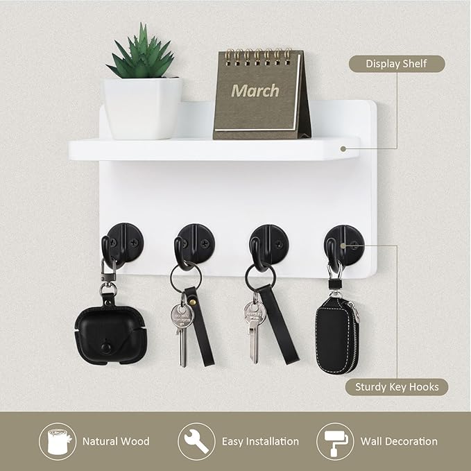 Nekon Key Holder Wall Mount, 8.5 Inch Small Home Decor Wooden Wall Organizer with 4 Hooks and Shelf, Wall Decor for Living Room Entryway Kitchen (White)