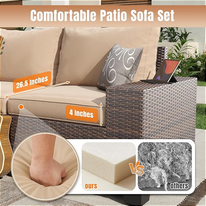 Aoxun 7 Pieces Patio Furniture Set with 44” Fire Pit Table Wicker Rattan Outdoor Sectional Conversation Set with Coffee Table and 4” Thickened Cushions, Beige (Waterproof Cover Included)