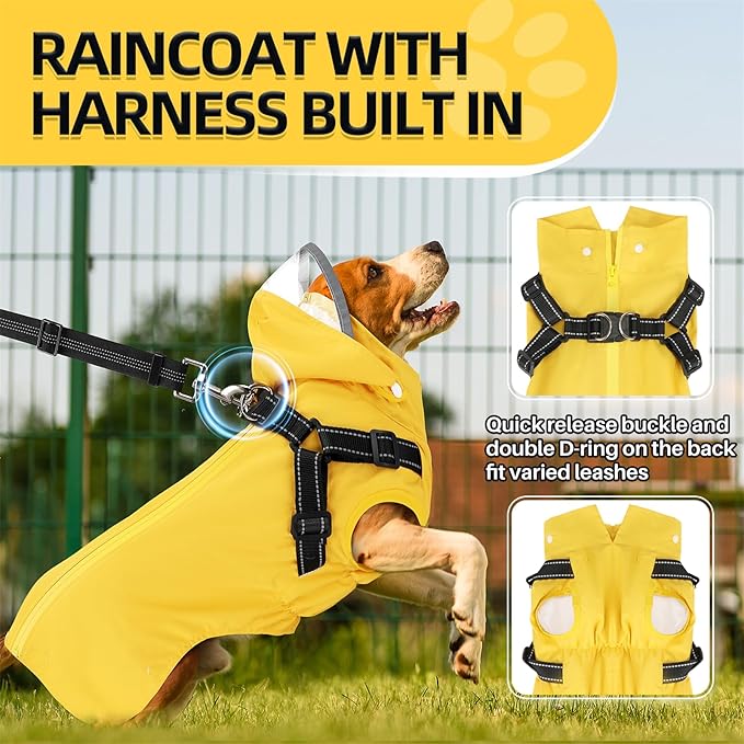 SlowTon Dog Raincoat Waterproof - Dog Rain Jacket with Harness and Hood Lightweight, Reflective Dogs Rain Coat for Large Medium Small Dogs Girl Boy Puppy Poncho Pet Clothes (Yellow, 3XL)