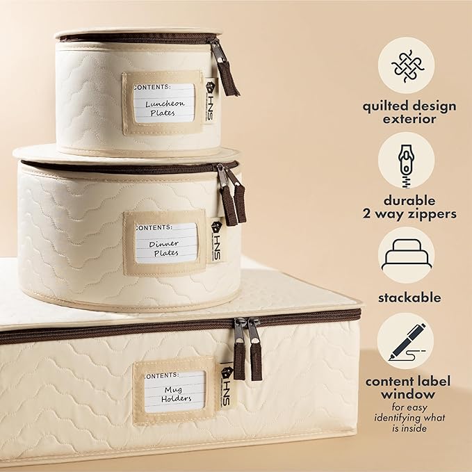 Hard Shell China Storage Containers 5-Piece Set Moving Boxes for Dinnerware, Glasses, Plates, Mugs and Saucers Sturdy Dish Organizer with Dividers for Seasonal Storage - Service for 12 - Beige Quilted