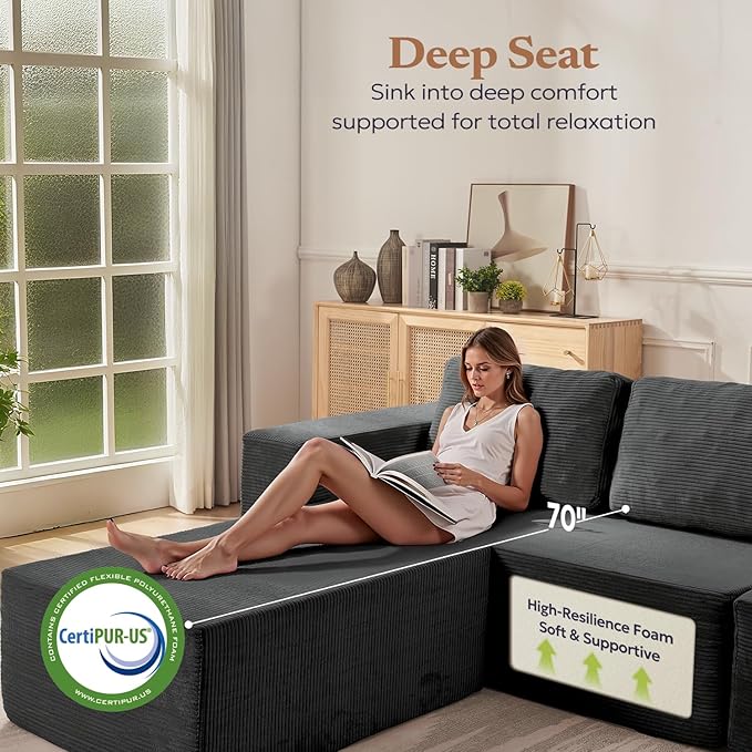 106" 3-Seater Sofa, Cloud Modular Sofa with Certified Foam, Upholstered Floor Sofa with Deep Seat, Upholstered Sofa for Bedroom Living Room, No Assembly Required (Corduroy Fabric, Grey)