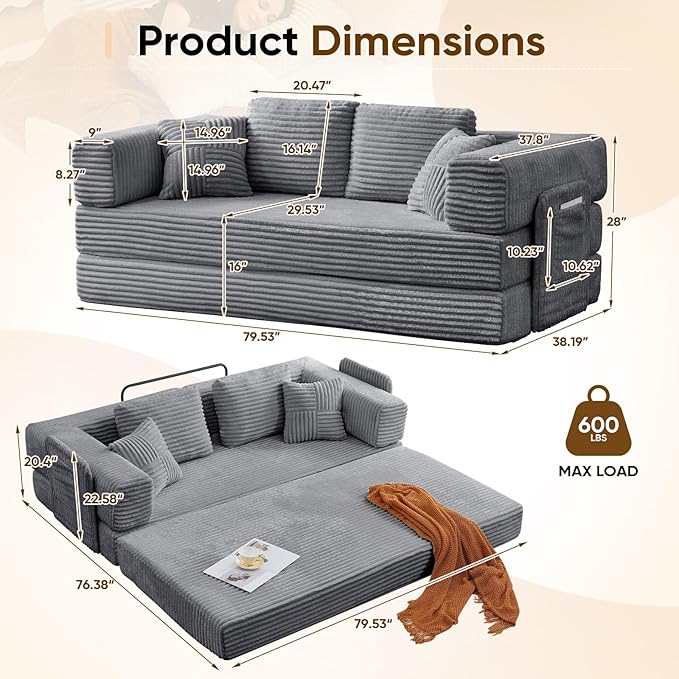 Antetek Convertible Sofa Bed, Comfy Corduroy Fluffy Love seat Sleeper Sofa, 5 in 1 Folding Couch Bed, Fold Out Floor Couch with Pillows for Bedroom, Living Room, Office, Wide Stripes, Grey