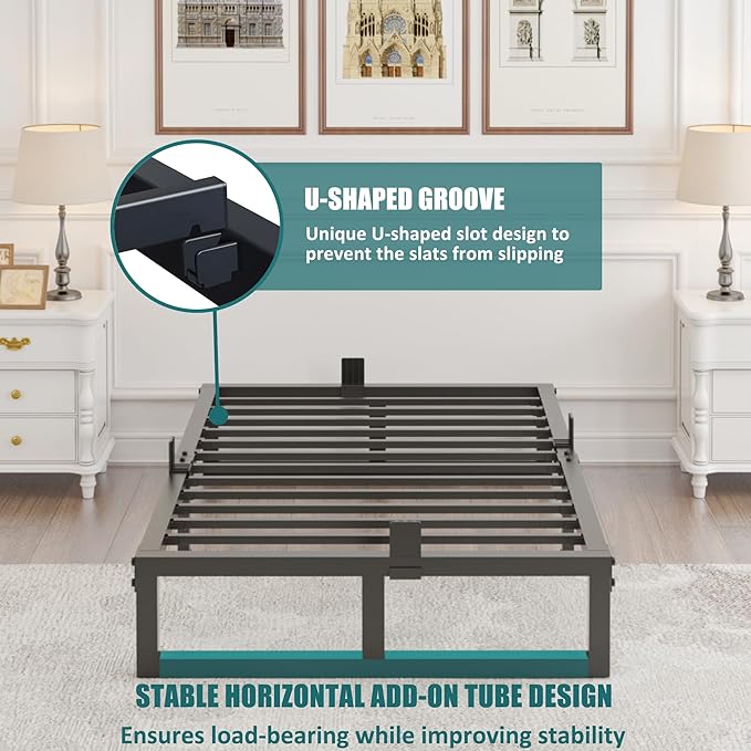10 inch King Size Bed Frame Low Profile Metal Platform Frames with Mattress Slide Stopper,Heavy Steel Slats Support,No Box Spring Needed,Noise Free,Non-Slip,Easy Assembly