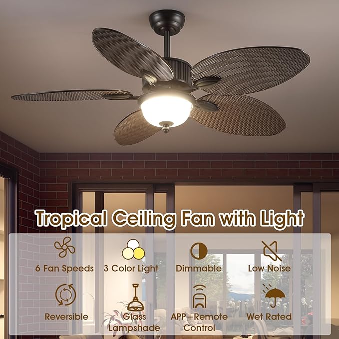 50 Inch Tropical Ceiling Fans with Lights and Remote/APP Control, Outdoor Waterproof Palm Leaf Ceiling Fan for Patios Porches, Wet Rated, Glass Lampshade, 6 Speeds, Quiet, Dark Brown