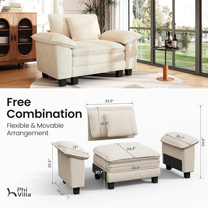 PHI VILLA Oversized Single Sofa Chair with Deep Seat, Cloud Upholstered Reading Armchair, 1 Seater Comfy Sofa Chair for Bedroom Nook, Corduroy, Beige