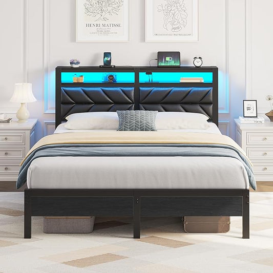 Seventable Full Size Bed Frame with Charging Station & LED Lights, Upholstered Headboard with 2-Tier Storage Shelves, Metal Platform with Under Bed Storage, No Box Spring Needed, Easy Assembly, Black