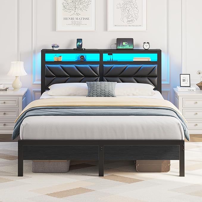 Seventable Queen Bed Frame with Charging Station & LED Lights, Upholstered Headboard with 2-Tier Storage Shelves, Metal Platform with Under Bed Storage, No Box Spring Needed, Easy Assembly, Black