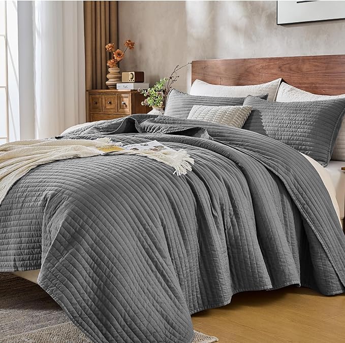 DOWN HOME Queen Quilt Bedding Set with Shams, Vintage Washed Soft Quilted Blanket Thin Comforter Lightweight Bedspread Coverlet Bed Cover, Brushed Microfiber Stripe Stitching, Ash Gray, 86"x90"