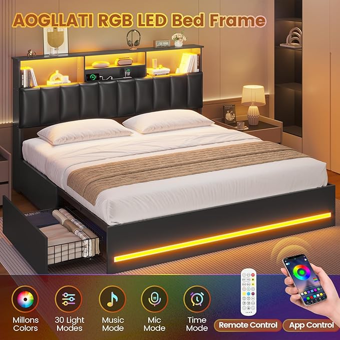 AOGLLATI King Size Bed Frame with 4 Storage Drawers, Black King Bed Frame Wood with Charging Station (Type-C and USB), Led Light and Hidden Bookcase Headboard, Black