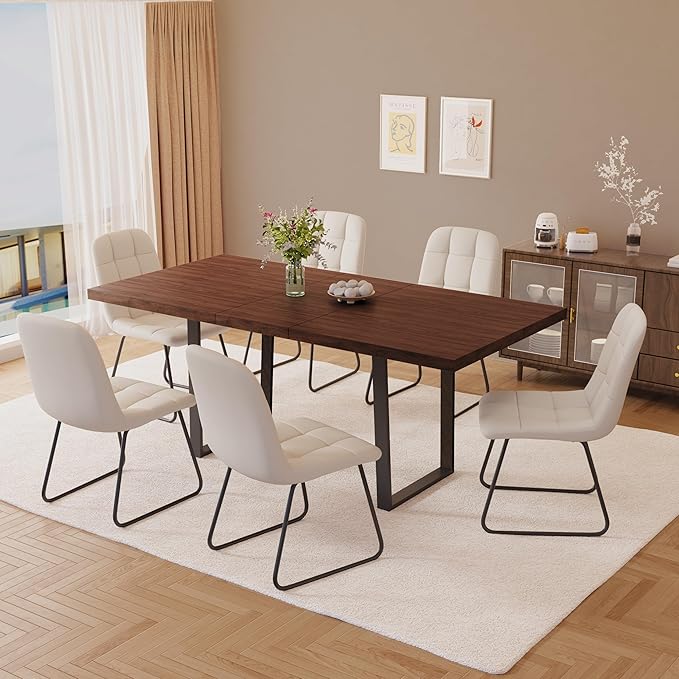 ZckyCine 67" Expandable Walnut Dining Table with 6 PU Leather Chairs, 7-Piece Modern Dining Set, Sturdy Metal Legs, Adjustable 51"-67" Rectangle Table for Kitchen & Dining Room