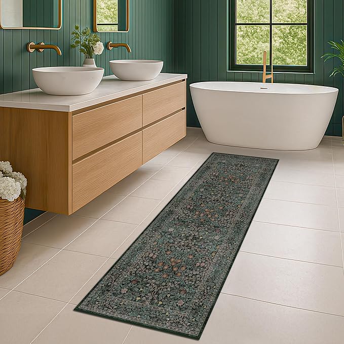 Dark Green 2x7 Long Washable Runner Rug Non Slip, Throw Rugs Runners for Kitchen Hallways Entryway Bathroom Laundry Room, Floor Mat Vintage Floral Carpet Low Pile Stain Resistant