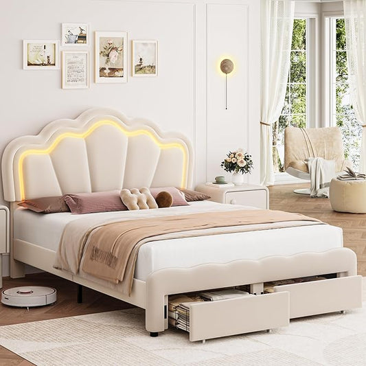 HOSTACK Full Upholstered LED Bed Frame with Storage Drawers, Cute Girls Bed with Adjustable Lotus Headboard, Velvet Princess Platform Bed Frame, Wooden Slats Support, No Box Spring Needed, Cream