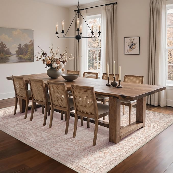 GENIMO 8x10 Washable Area Rug, Non-Slip Vintage Boho Floral Carpet, Soft Low-Pile Thin Living Room Rug for Bedroom, Dining Room, Nursery, Pink White