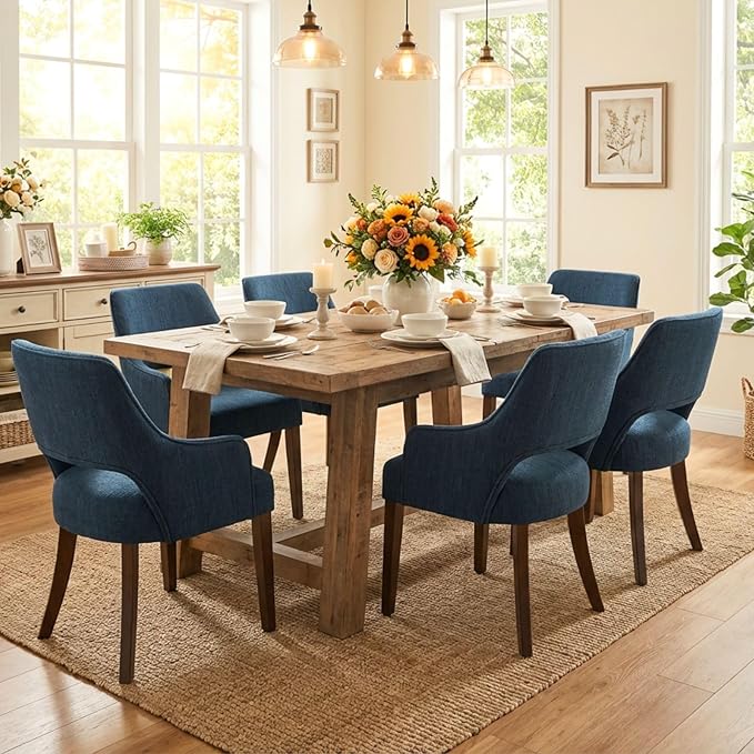 Linen Dining Chairs Set of 6 Upholstered Farmhouse Kitchen Chair with Arms Accent Chairs Side Chair with Wood Legs for Living Room/Dining Room/Bedroom/Restaurant, Blue