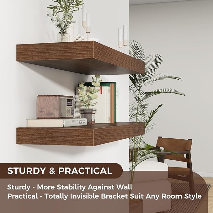 Floating Shelves for Wall, 30" W x 12" D x 2" H, 2 Pack of Long Wall Mounted Engineered Wood Shelves with Invisible Brackets for Living Room, Bedroom, Bathroom, Kitchen Decor, Walnut
