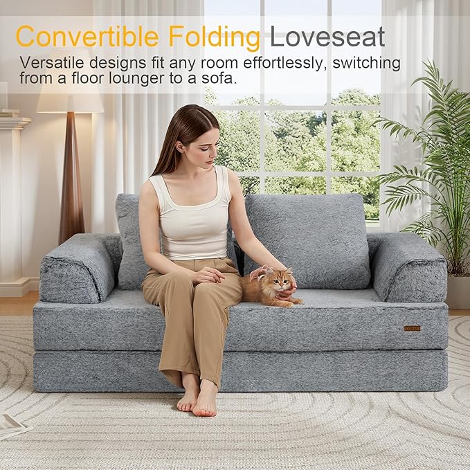 COMAX Convertible Sofa Bed, Folding Floor Couch Corduroy Fold Out Couch Bed Futon Sleeper Mattress with Pillows, Boneless Sofa Comfy Lounge Loveseat for Living Room Bedroom, Snow Grey