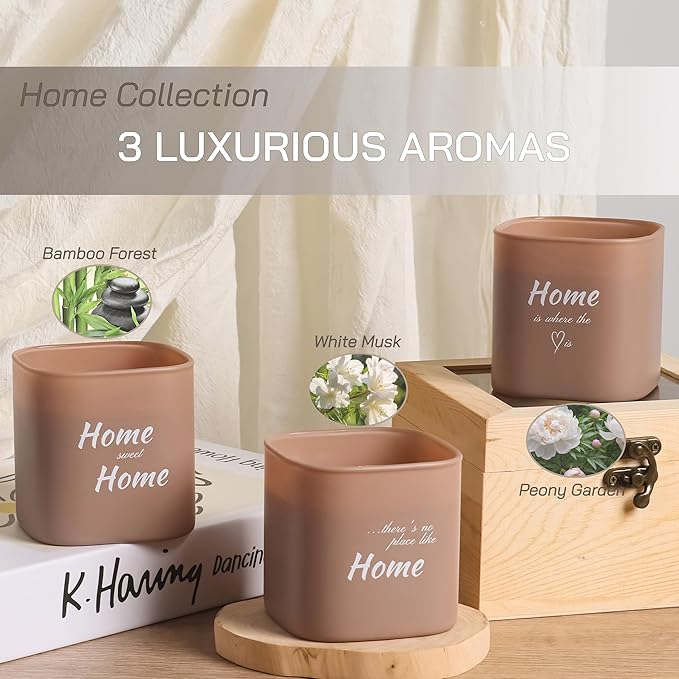 Set of 3 Premium Scented Soy Candles Gift Set | Home Collection – White Musk, Bamboo Forest & Peony Garden | Crackling Wood Wick | Luxurious Candle Set for Relaxation, Home Décor & Gifts | 9.8oz Each