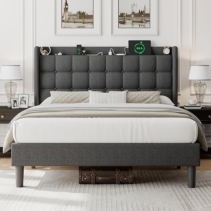 iPormis Full Size Upholstered Platform Bed, Button Tufted Wingback Bed Frame with Charging & Storage Headboard, No Box Spring Needed, Dark Gray