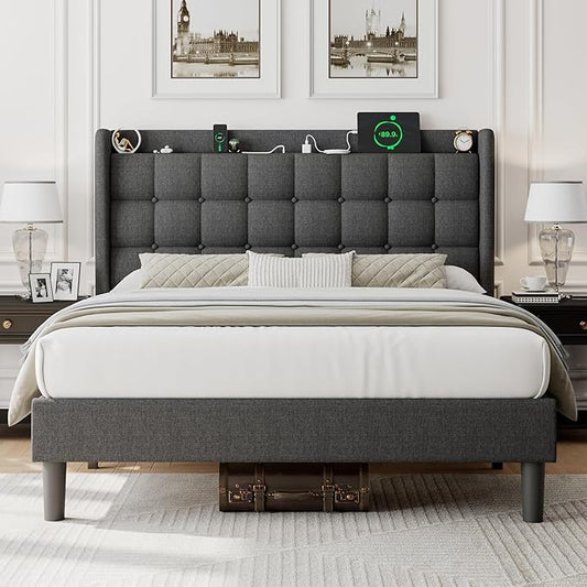 iPormis Full Size Upholstered Platform Bed, Button Tufted Wingback Bed Frame with Charging & Storage Headboard, No Box Spring Needed, Dark Gray
