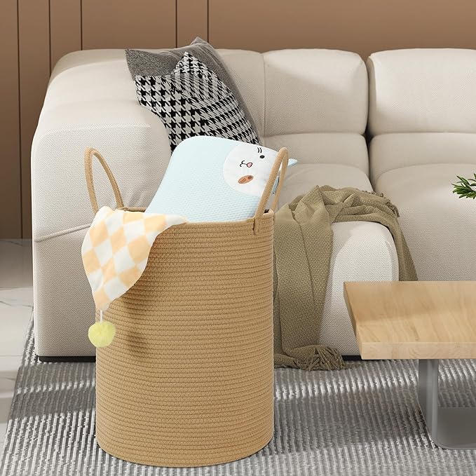 58L Cotton Rope Laundry Basket (20"x15"),Woven Basket for Storage Dirty Clothes Basket for Laundry, Living Room, Nursery, Bedroom Rope Storage Basket for Blankets（Brown）