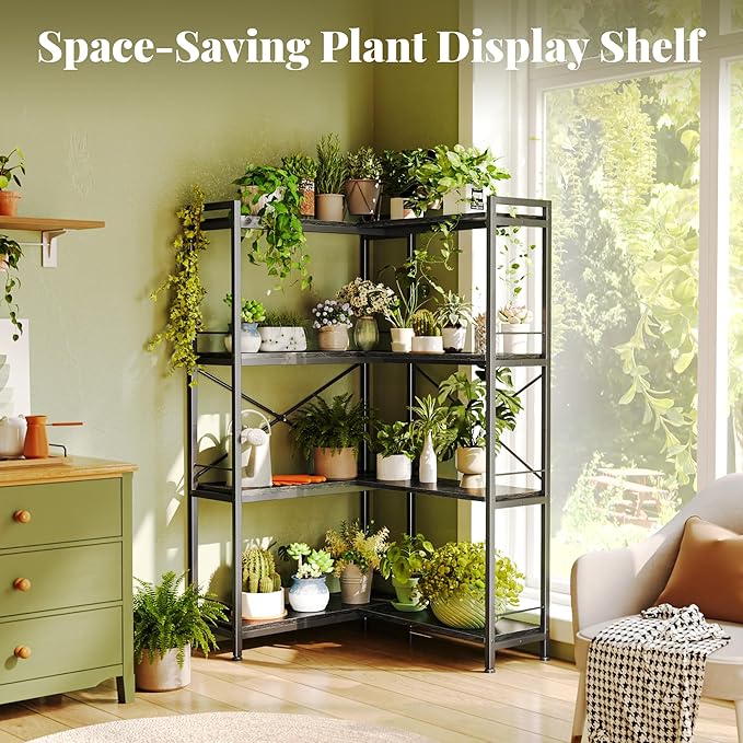 Huuger 4 Tier Bookshelf, L Shaped Corner Bookshelf with 8 Open Shelves, 49.4 Inch Straight Wide Bookcase with Metal Frame and Wooden Board, Adjustable Feet, Black