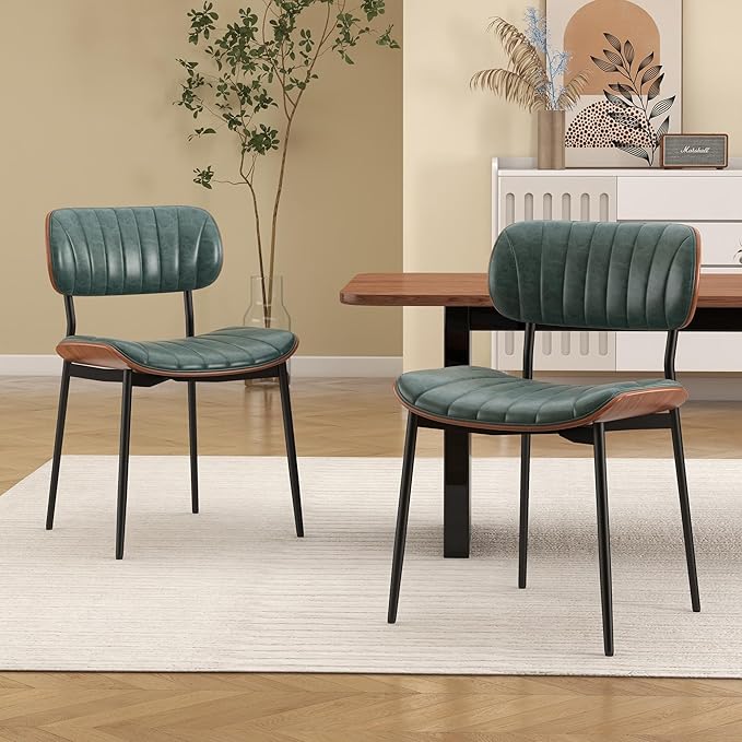 Mid Century Modern Dining Chairs Set of 4,Upholstered Faux Leather Kitchen Chairs with Walnut Bentwood Back and Metal Legs for Kitchen Dining Room Living Room, Green