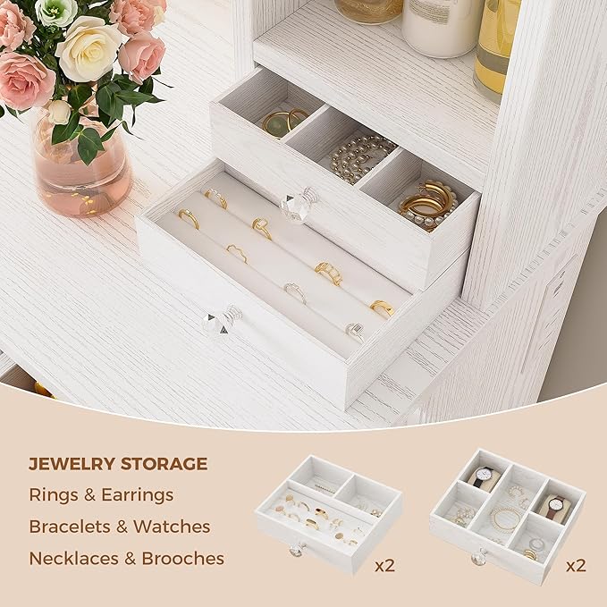 IRONCK Vanity Desk with Mirror and Lights, Makeup Vanity Table with 10 Drawers, Jewelry Organizer, Power Outlet, Storage Stool, and 3 Lighting Colors, White Vanity for Women Girls Bedroom