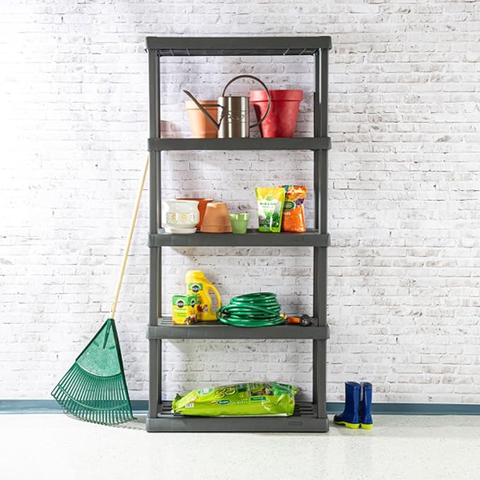 Sterilite 5 Shelf Unit, Heavy-Duty Shelving Storage Rack for Home and Garage, Gray - Multipurpose Plastic Organizer Shelves for Smart Organization